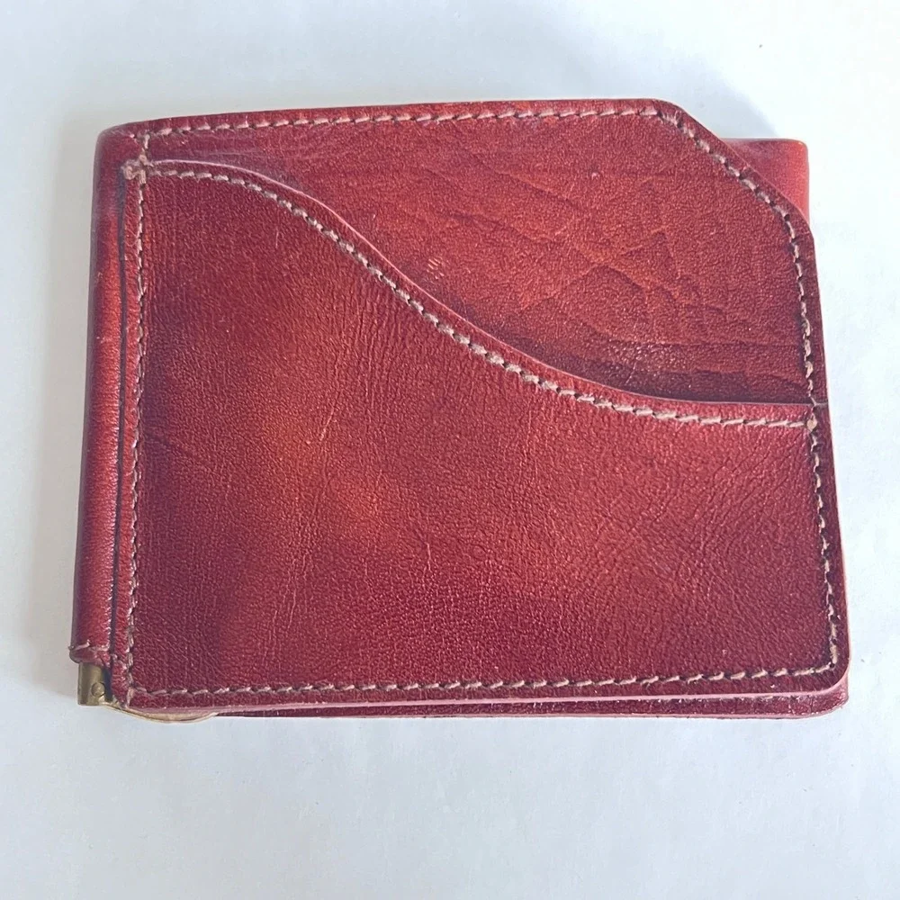 Pearl Bogata Mens Leather Bifold Money Clip Wallet Burgundy Red Brown Slim